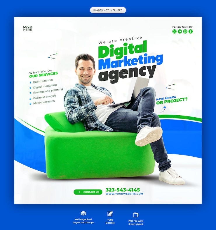 Free PSD digital marketing agency and corporate social media banner or instagram post template