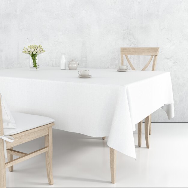 Dining table mockup with white cloth and wooden chairs