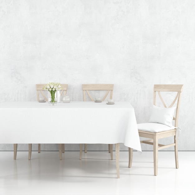 Dining table mockup with white cloth and wooden chairs