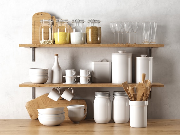 dinnerware elements on wooden shelf