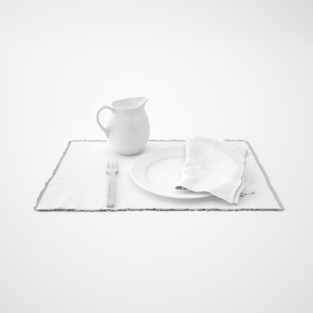 Dishware, fork and napkin