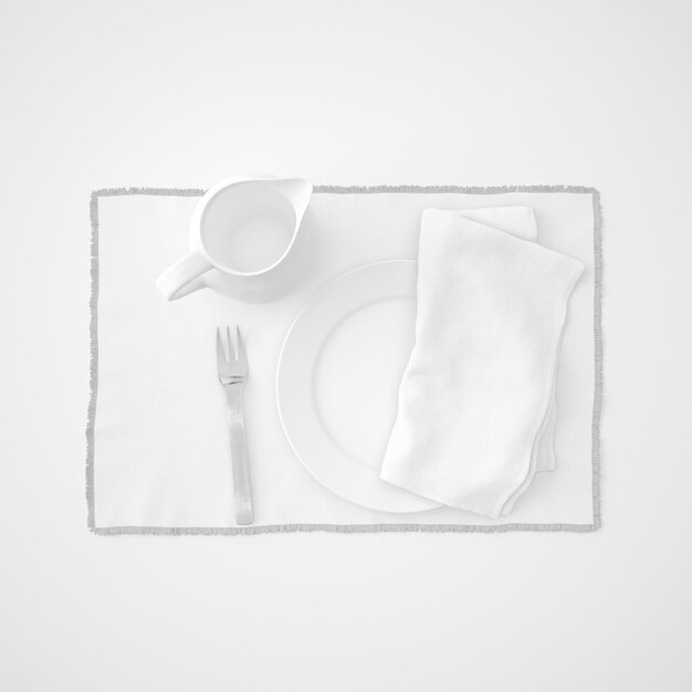 Dishware, fork and napkin