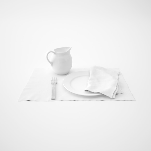 Dishware, fork and napkin