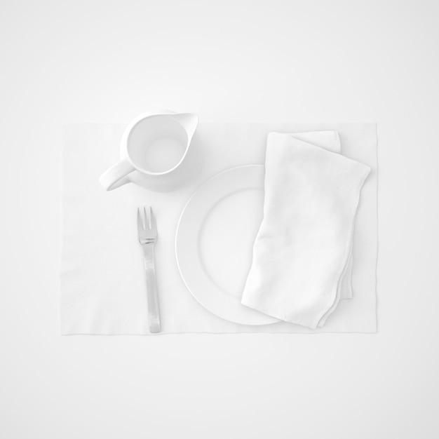 Dishware, fork and napkin