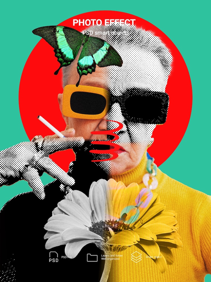 無料PSD カオティックなテクノロジー・マキシマリズムによる写真の分散効果
