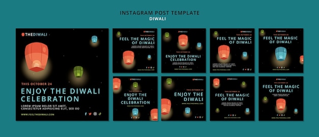 PSD gratuito raccolta di post di instagram per la celebrazione del festival di diwali