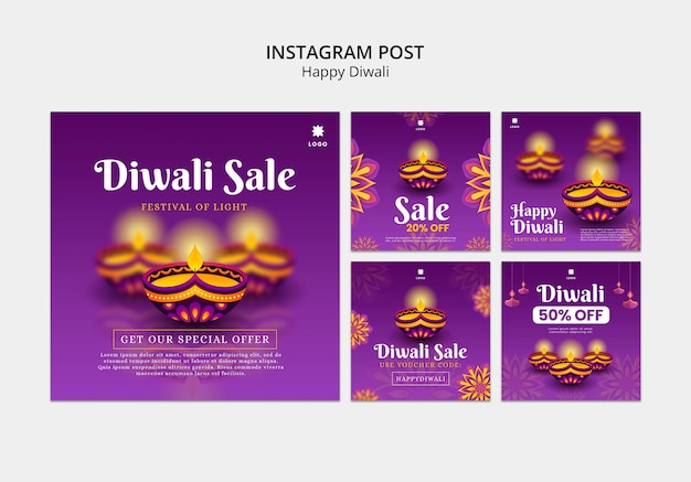 Diwali instagram posts collection with mandala design