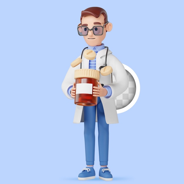 Free PSD doctor holds a pills bottle 3d illustration