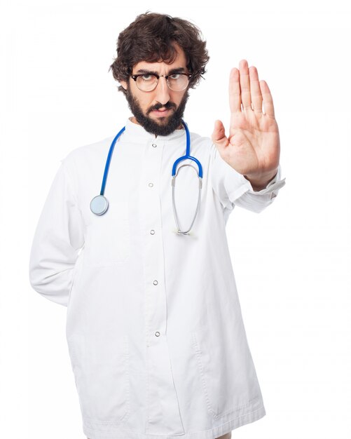 Doctor with a hand raised