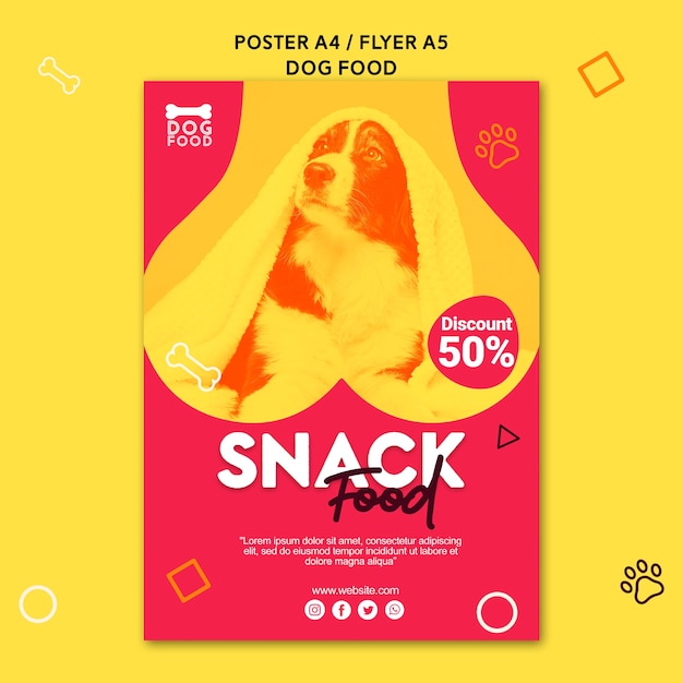 Бесплатный PSD Собака под листами пищи рекламный плакат шаблон