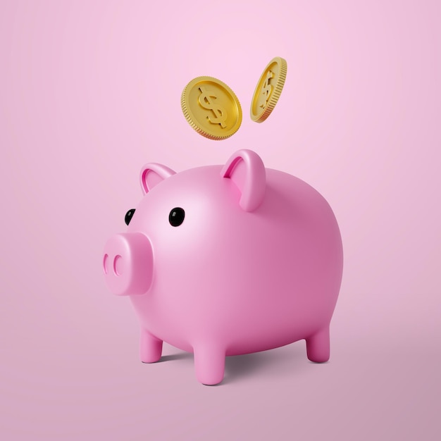 Dollar coins flying over pink piggy bank
