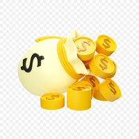 Icona del sacco del dollaro e della moneta d'oro illustrazione di rendering 3d isolata