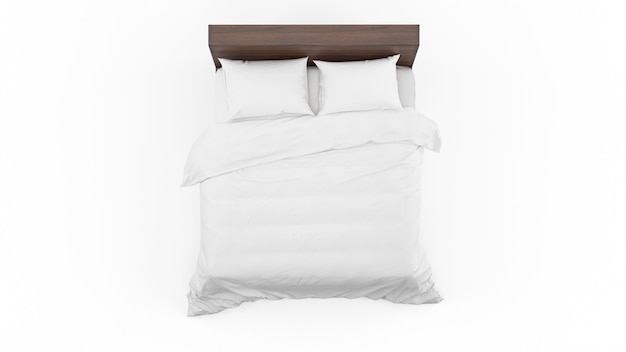 Двуспальная кровать с белым постельным бельем изолированные, вид сверху