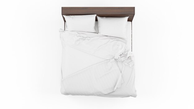 Двуспальная кровать с белым покрывалом и стеганым одеялом, вид сверху