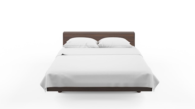 Double bed with wooden frame and white sheets, isolated