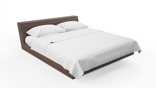Double bed with wooden frame and white sheets, isolated