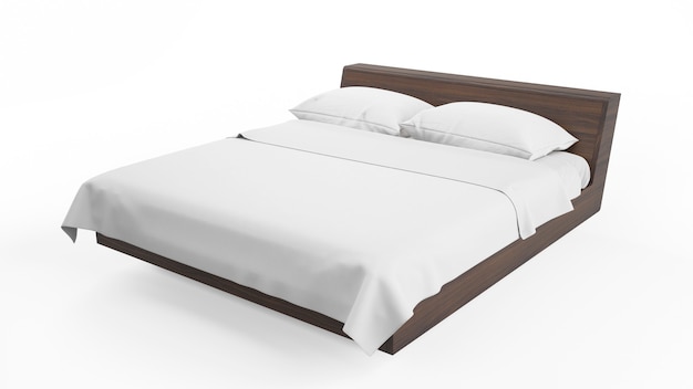 Double bed with wooden frame and white sheets, isolated