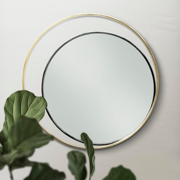 Двойное зеркало на бежевой стене с макетом фиговых листьев скрипки Premium Psd