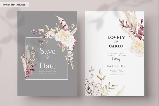 Free PSD double sided wedding invitation template with boho watercolor flower