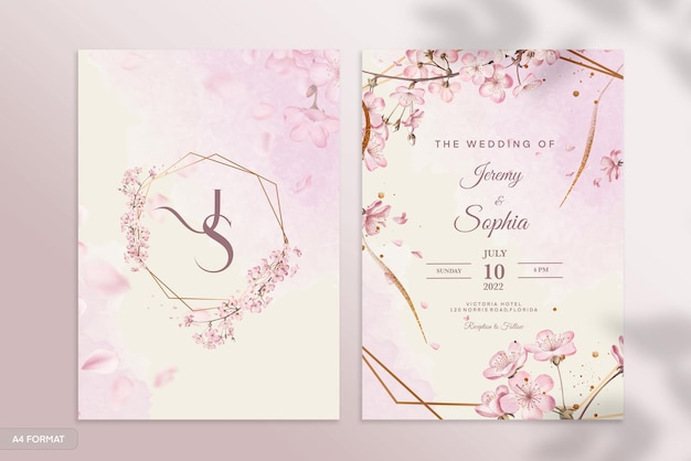 Double sided wedding invitation template with pink flower
