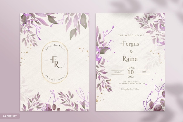 보라색 꽃과 양면 결혼식 초대장 템플릿