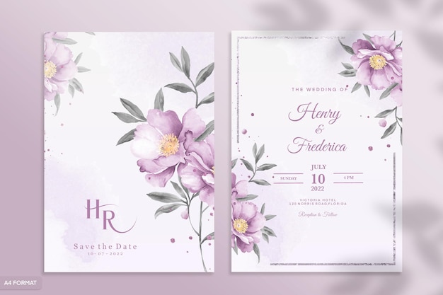 Double sided wedding invitation template with purple flower