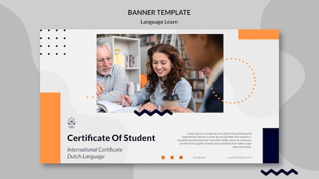 PSD gratuito modello di banner orizzontale per classi di apprendimento della lingua olandese con design a punti