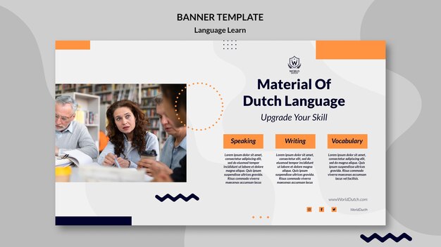 도트 디자인이 있는 네덜란드어 학습 수업 가로 배너 템플릿