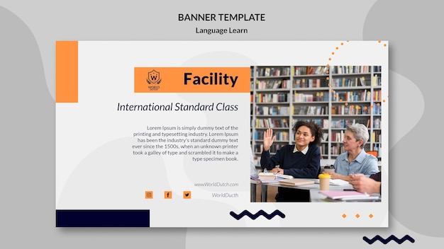 Free PSD dutch language learning classes horizontal banner template with dots design