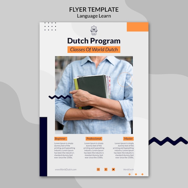 Free PSD dutch language learning classes vertical flyer template with dots design