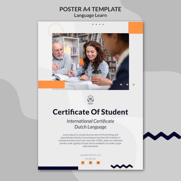 Free PSD dutch language learning classes vertical poster template with dots design