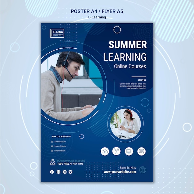 PSD gratuito modello di volantino del concetto di e-learning