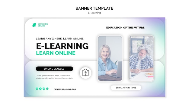 Modello di banner orizzontale di e-learning con design sfumato