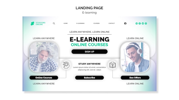 Free PSD e-learning landing page template with gradient design