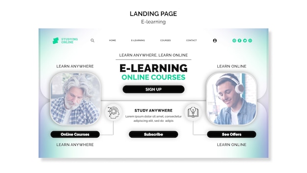 PSD gratuito modello di pagina di destinazione e-learning con design sfumato