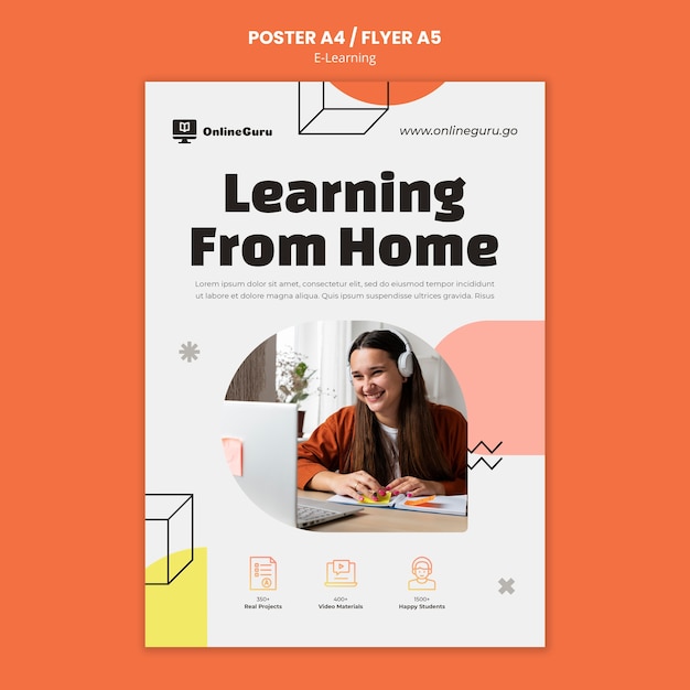 Free PSD e-learning vertical poster template with geometric shapes