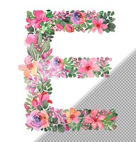 Бесплатный PSD Буква e в верхнем регистре из мягких цветов и листьев, нарисованных вручную