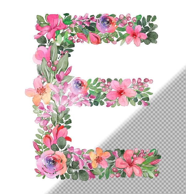 Free PSD e letter in uppercase made of soft handdrawn flowers and leaves