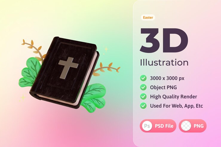 無料PSD イースター3dイラスト、植物と聖書