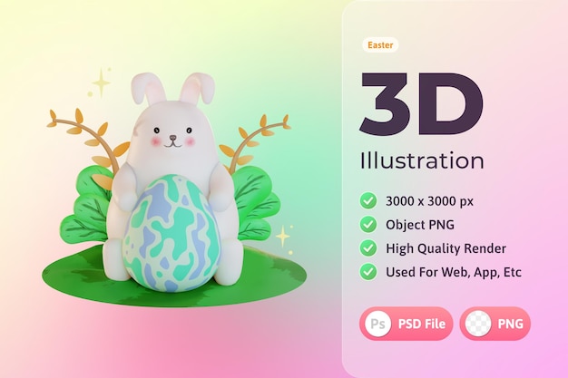 Бесплатный PSD Пасхальная 3d иллюстрация, кролик обнимает яйцо