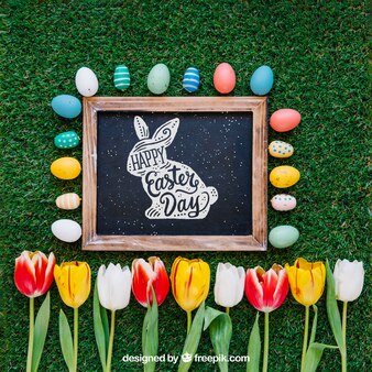 Easter mockup with slate and tulips