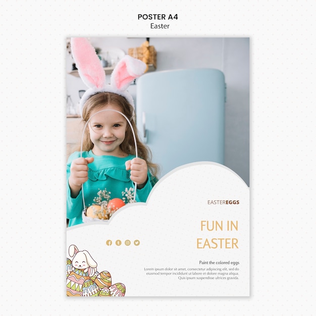 Free PSD easter poster template with child wearing bunny ears