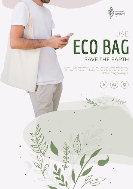 eco bag recycle for environment and man looking at his phone