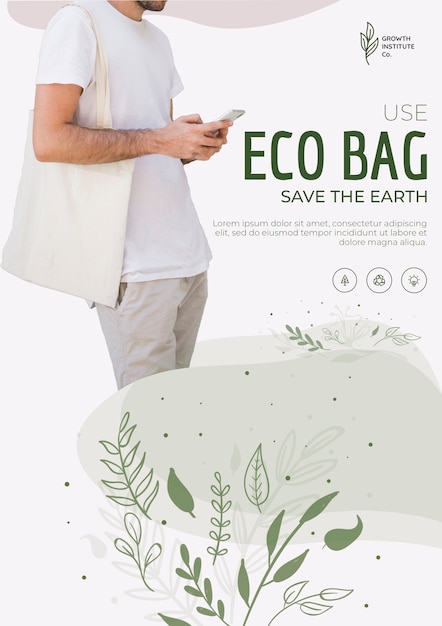 Бесплатный PSD Эко сумка для окружающей среды и человек смотрит на свой телефон