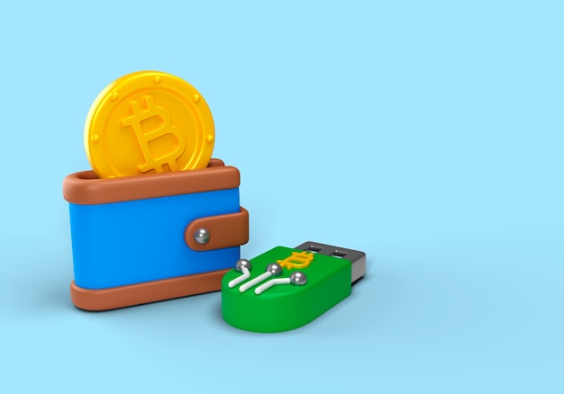 PSD gratuito ed illustrazione di criptovaluta con portafoglio e usb