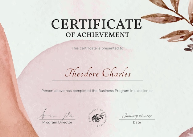 Editable certificate template psd in feminine botanical design