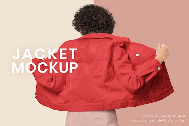 Editable denim jacket mockup psd template in red women’s fashion ad Premium Psd