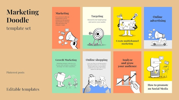 Modelli di business online modificabili psd con illustrazioni doodle per set di marketing