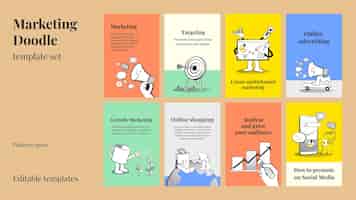 Free PSD editable online business templates psd with doodle illustrations for marketing set