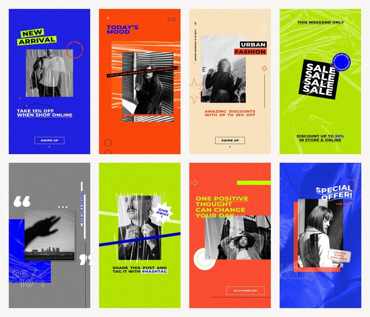 Free PSD editable sale and social media story psd set templates with retro color backgrounds